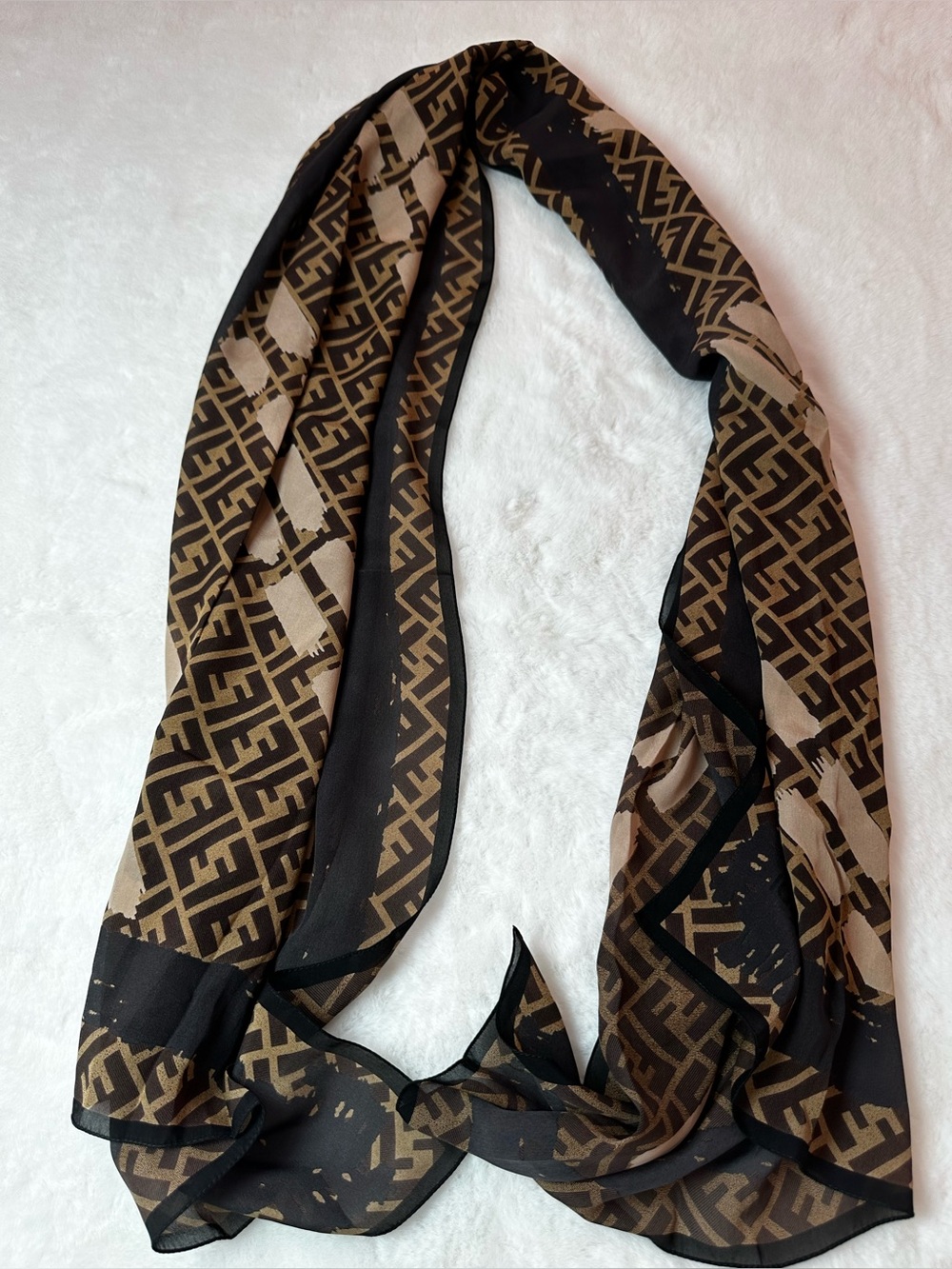 Fendi Brown Cream FF Monogram Diagonal Pattern Scarf